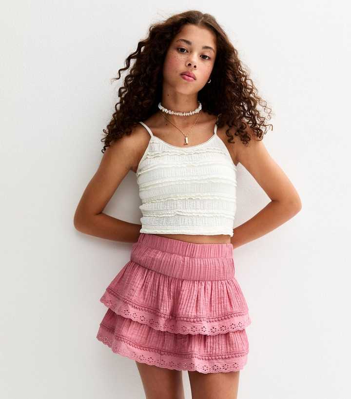 Girls Pink Crinkled Tiered Skirt