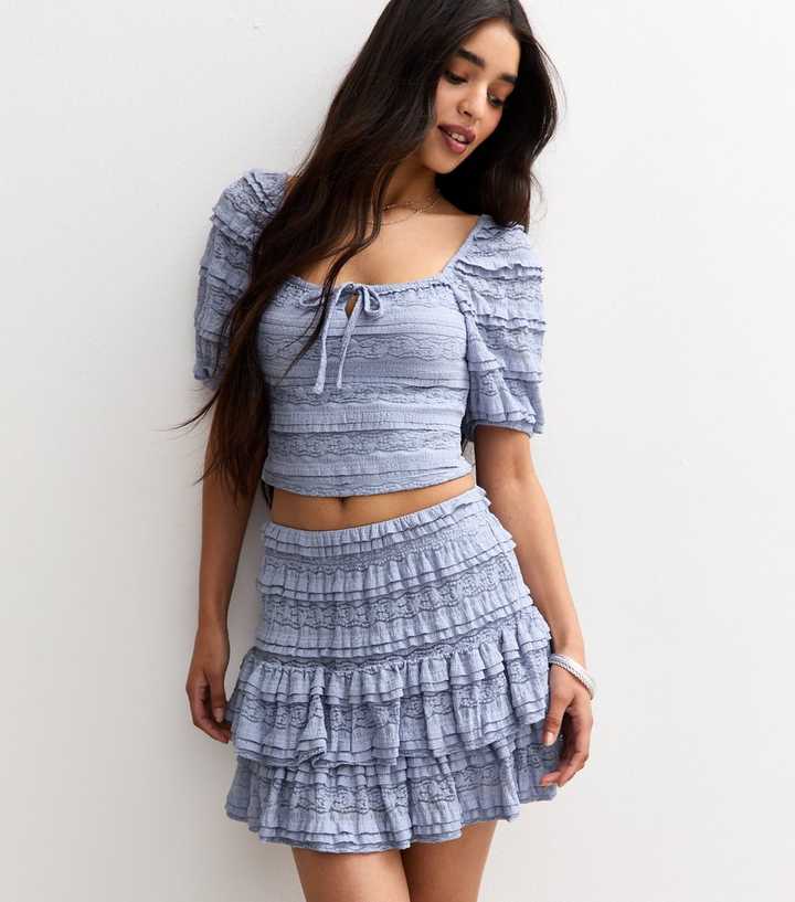 Blue Tiered Crinkle Mini Skirt