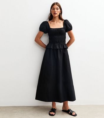 Tall Black Shirred Square Neck Midi Dress