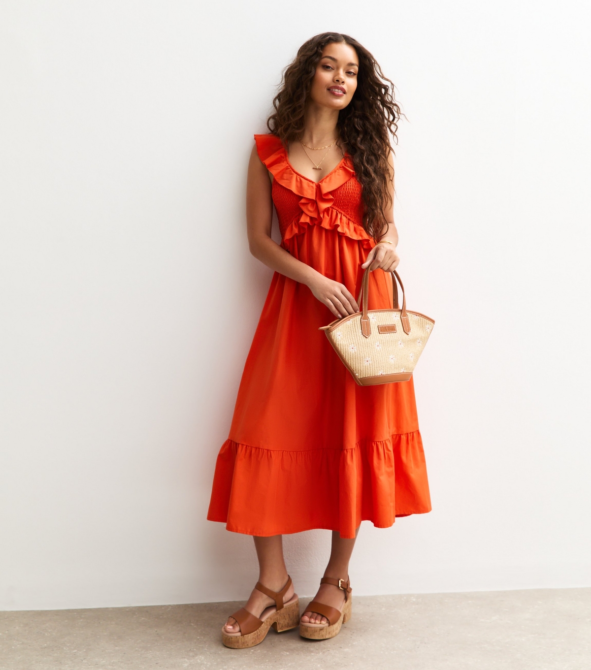 Women's Petite Orange Shirred Ruffled Tie Back Midi Dress New Look