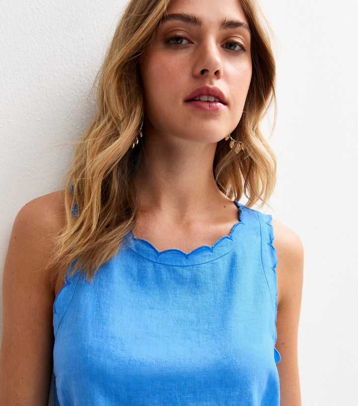 Bright Blue Linen Blend Scalloped Edges Vest