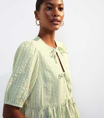 Green Striped Tie Front Peplum Shirt