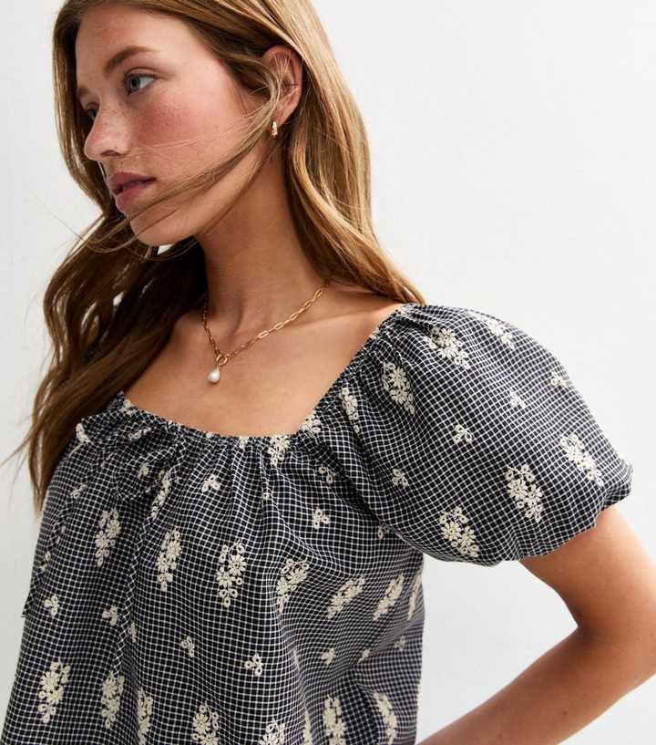 Black Gingham Floral Embroidered Milkmaid Top