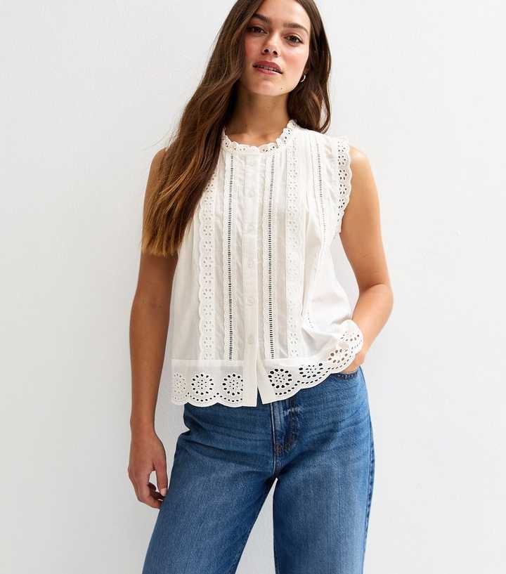 Petite White Broderie Anglaise Trim Sleeveless Shirt