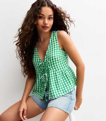 Petite Green Gingham Tie Front Top