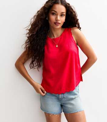 Petite Red Linen Blend Scalloped Trim Vest