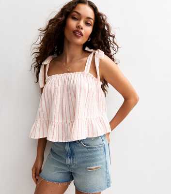 Petite Pink Striped Cotton Tie Shoulder Cami Top