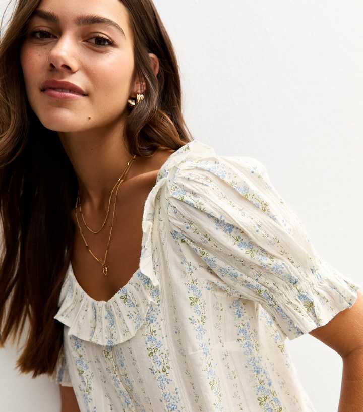 Petite Blue Floral Embroidered Stripe Puff Sleeve Blouse
