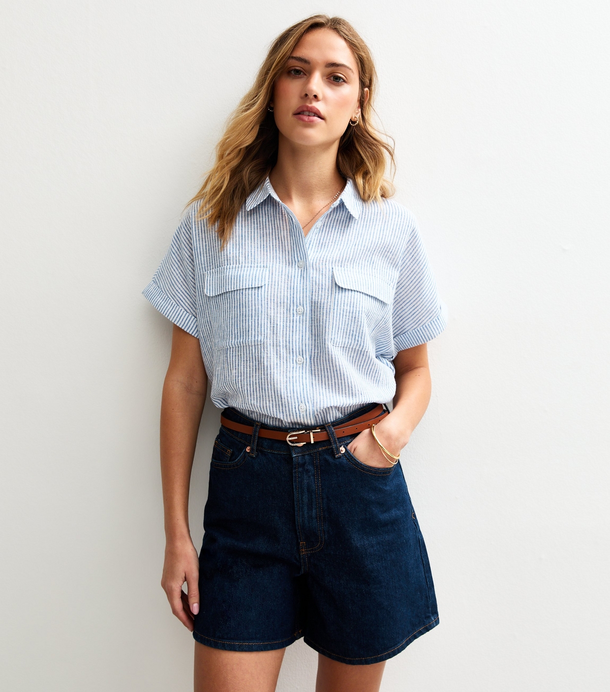 Women's Blue Striped Short Sleeve Shirt New Look