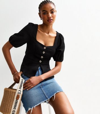 Tall Black Linen Blend Button Up Peplum Top | New Look