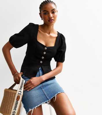 Tall Black Linen Blend Button Up Peplum Top