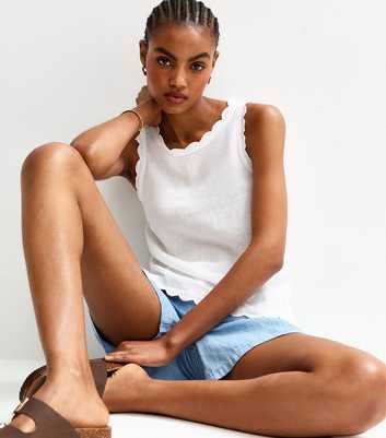Tall White Linen Blend Scalloped Trim Vest
