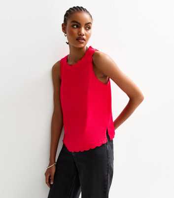Tall Red Linen Blend Scalloped Trim Vest