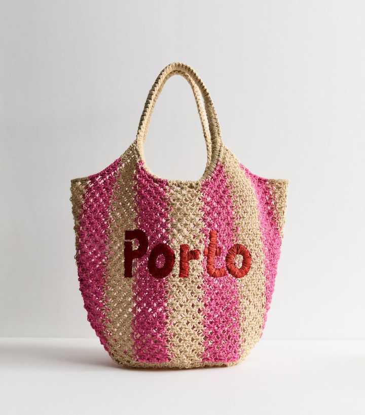 Pink Porto Embroidered Striped Raffia Look Tote