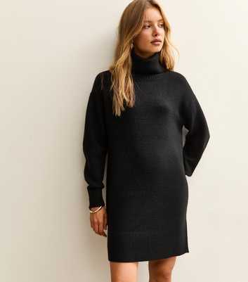 Black Midweight Knit Roll Neck Mini Dress