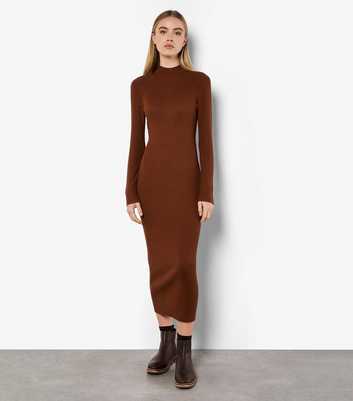 Apricot Brown Ribbed Midi Dress