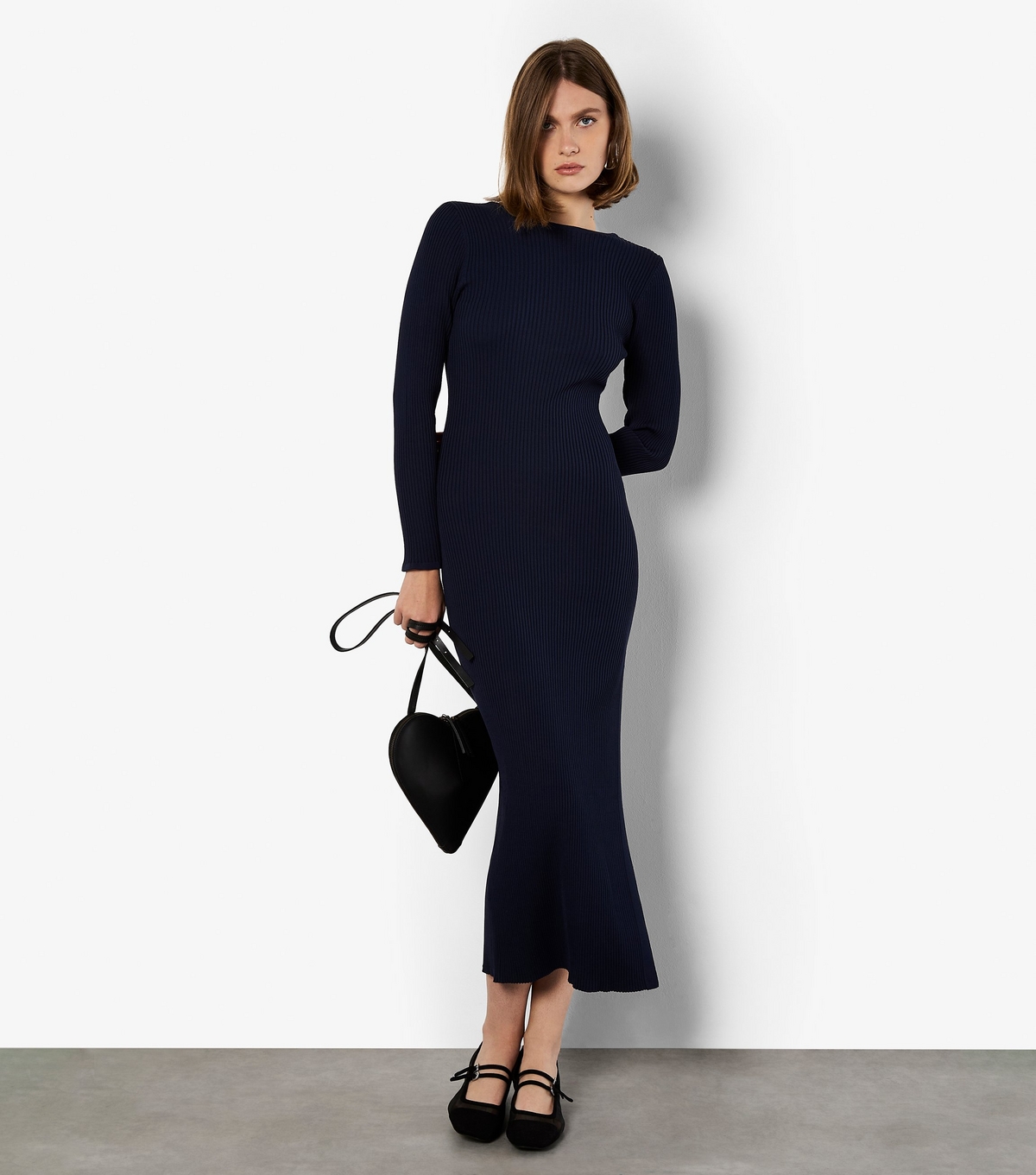 Women's Navy Ribbed Side Slit Low Back Midi Dress Apricot New Look