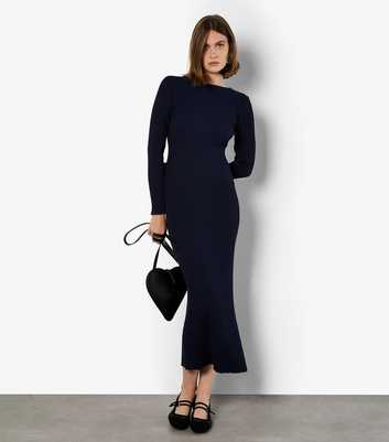 Apricot Navy Ribbed Side Slit Low Back Midi Dress