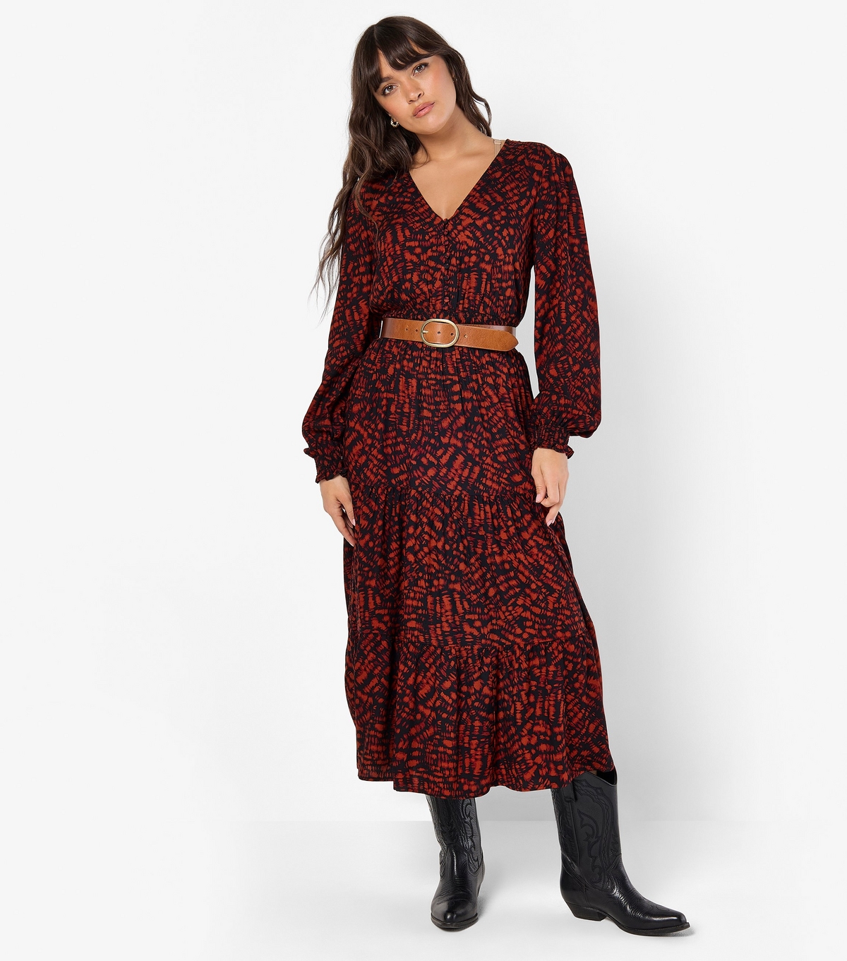 Women's Red Printed Tiered Midi Dress Apricot New Look