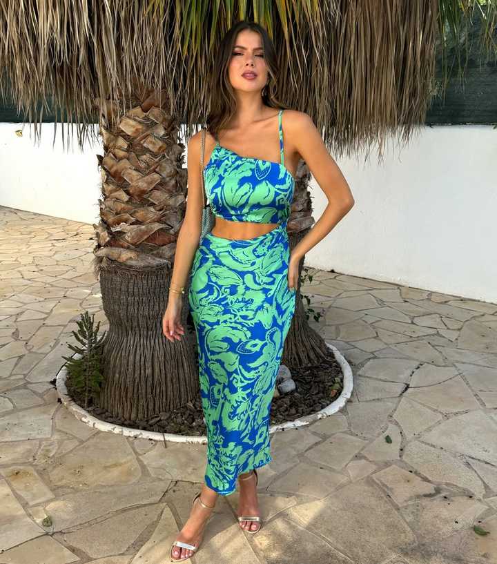 AX Paris Green Abstract Print Asymmetric Cut Out Midi Dress | New Look