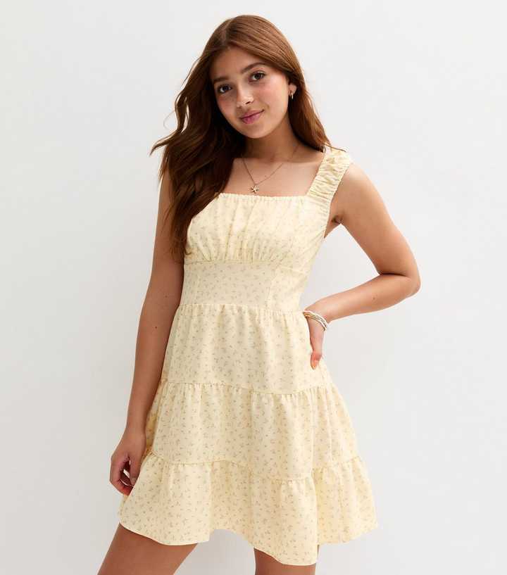 Girls Yellow Ditsy Print Tiered Mini Dress | New Look