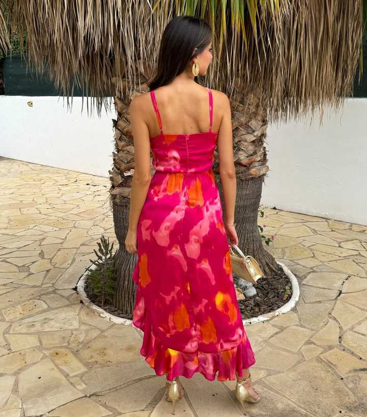 AX Paris Pink Abstract Print Ruffled Midi Dress | New Look