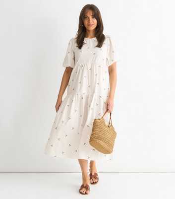 Gini London White Floral Embroidered Tiered Midi Smock Dress