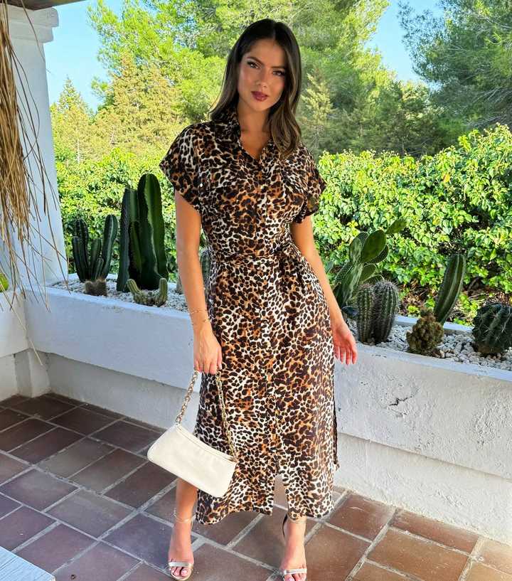 AX Paris Brown Leopard Print Midi Shirt Dress | New Look