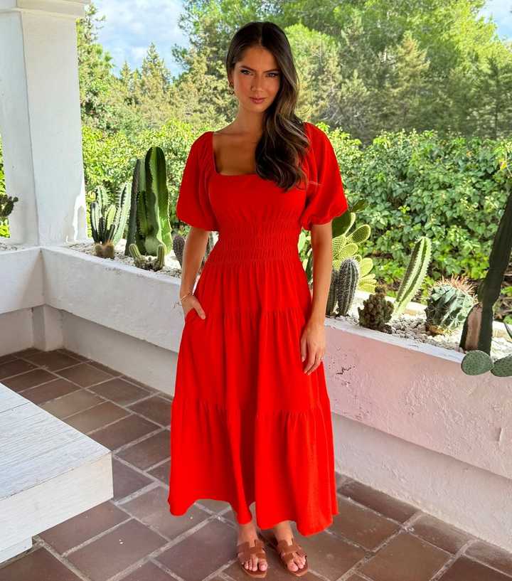 AX Paris Orange Smocked Tiered Midi Dress | New Look