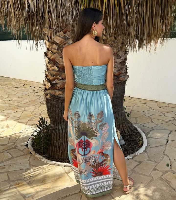AX Paris Mint Green Safari Print Strapless Shirred Waist Midi Dress | New Look AX Paris Mint Green Safari Print Strapless Shirred Waist Midi Dress | New Look
