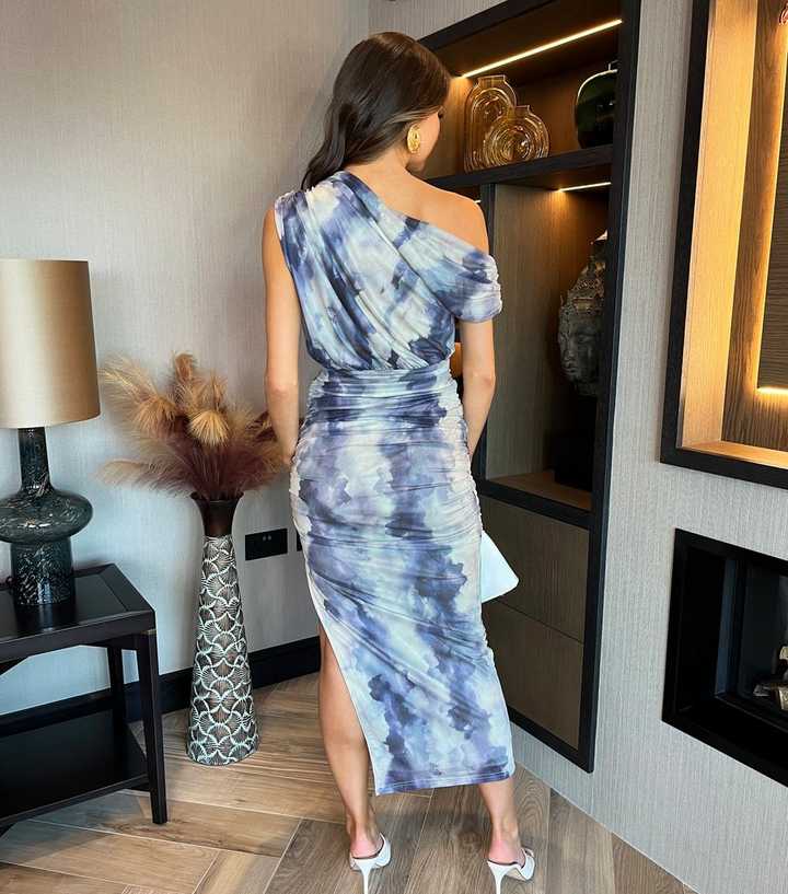 tie dye one shoulder dress One-Shoulder Draped Tie-Dyed Silk-Satin Maxi breathable feel Donica Yellow Multi Tie-Dye One-Shoulder