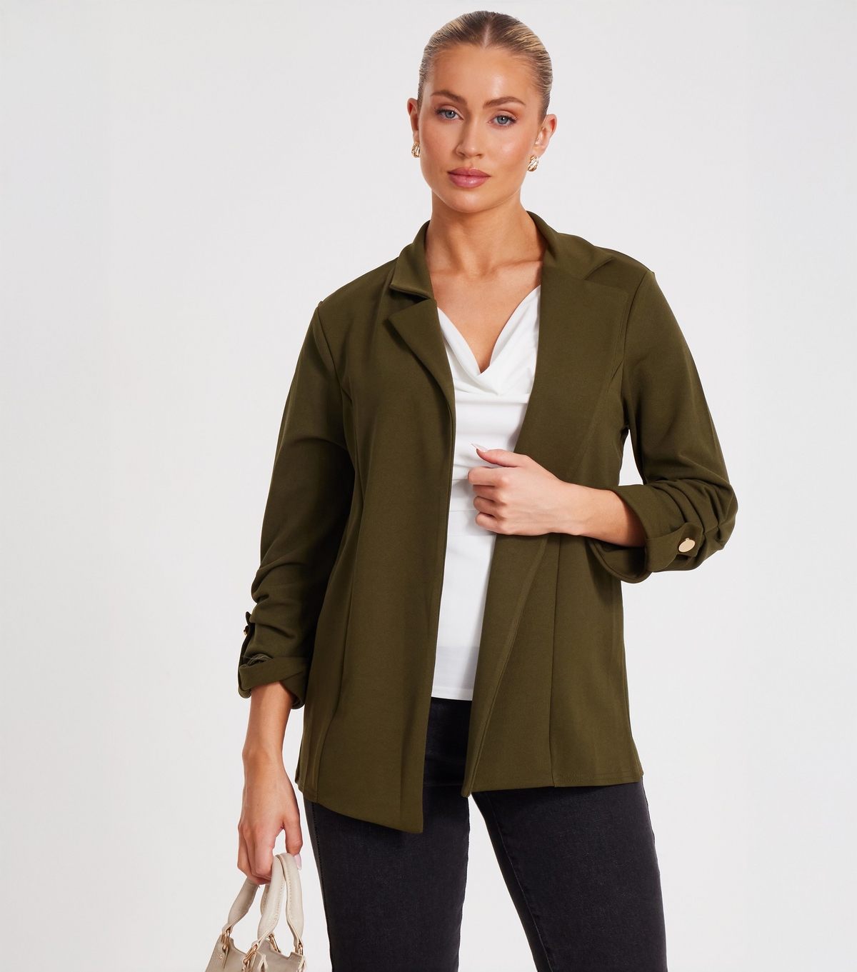 Women's Olive Ruched Sleeve Blazer Quiz New Look
