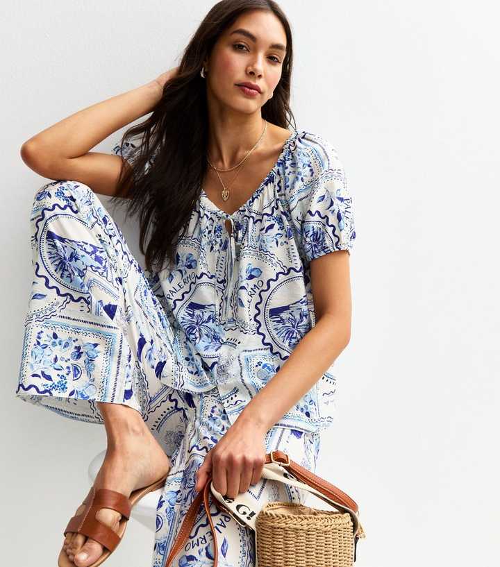Blue Palermo Print V-Neck Top