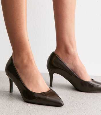 Wide Fit Dark Brown Faux Patent Court Shoes