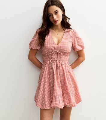 Pink Gingham Check Puffball Hem Micro Mini Dress