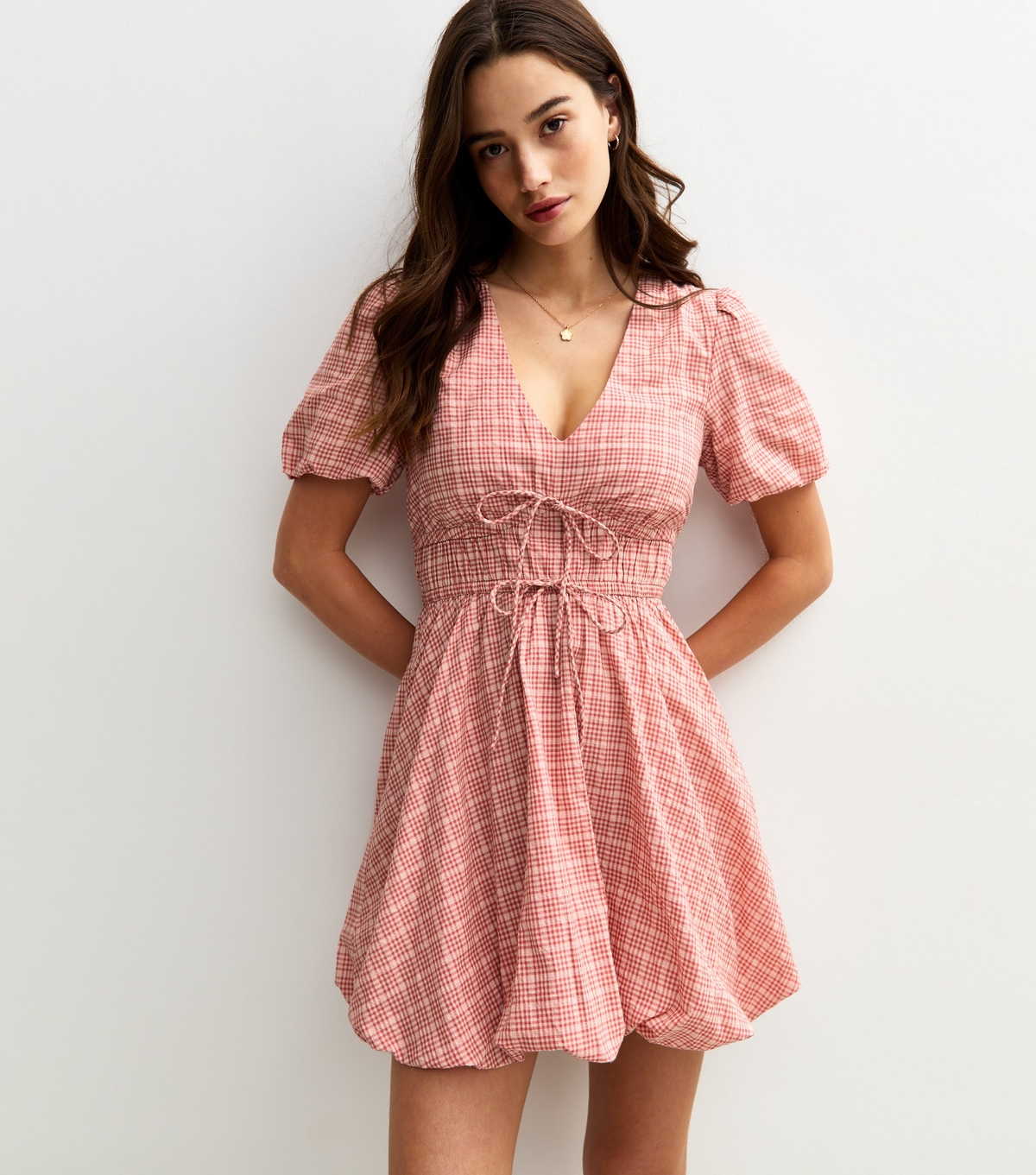 Women's Pink Gingham Check Puffball Hem Micro Mini Dress New Look