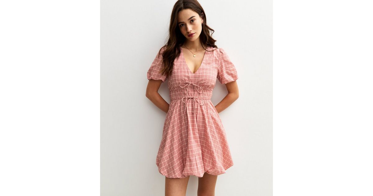 Check Top Pink Mini Pink Gingham Check Puffball Hem Micro Mini Dress | New Look
