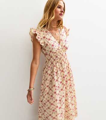Cream Floral Print V-Neck Ruched Midi Dress