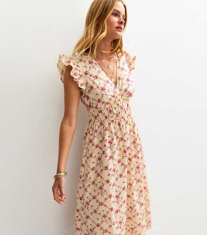 Cream Floral Print V-Neck Ruched Midi Dress