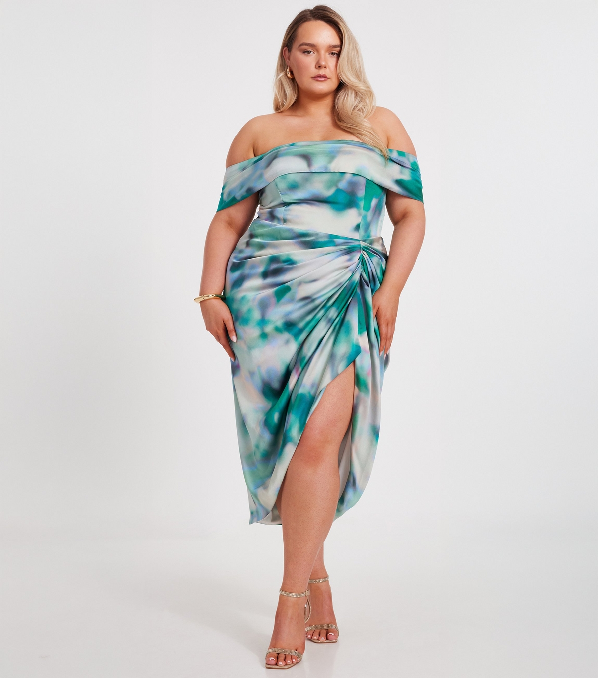 Women's Plus Size Multicoloured Abstract Print Ruched Bardot Dress Curves Quiz New Look