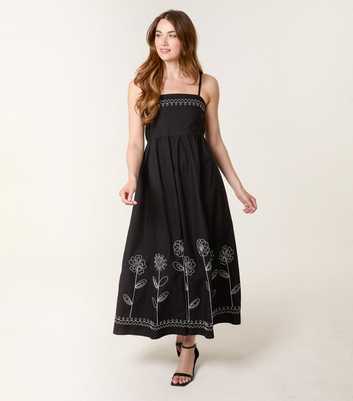 Blue Vanilla Black Floral Embroidered Midi Dress