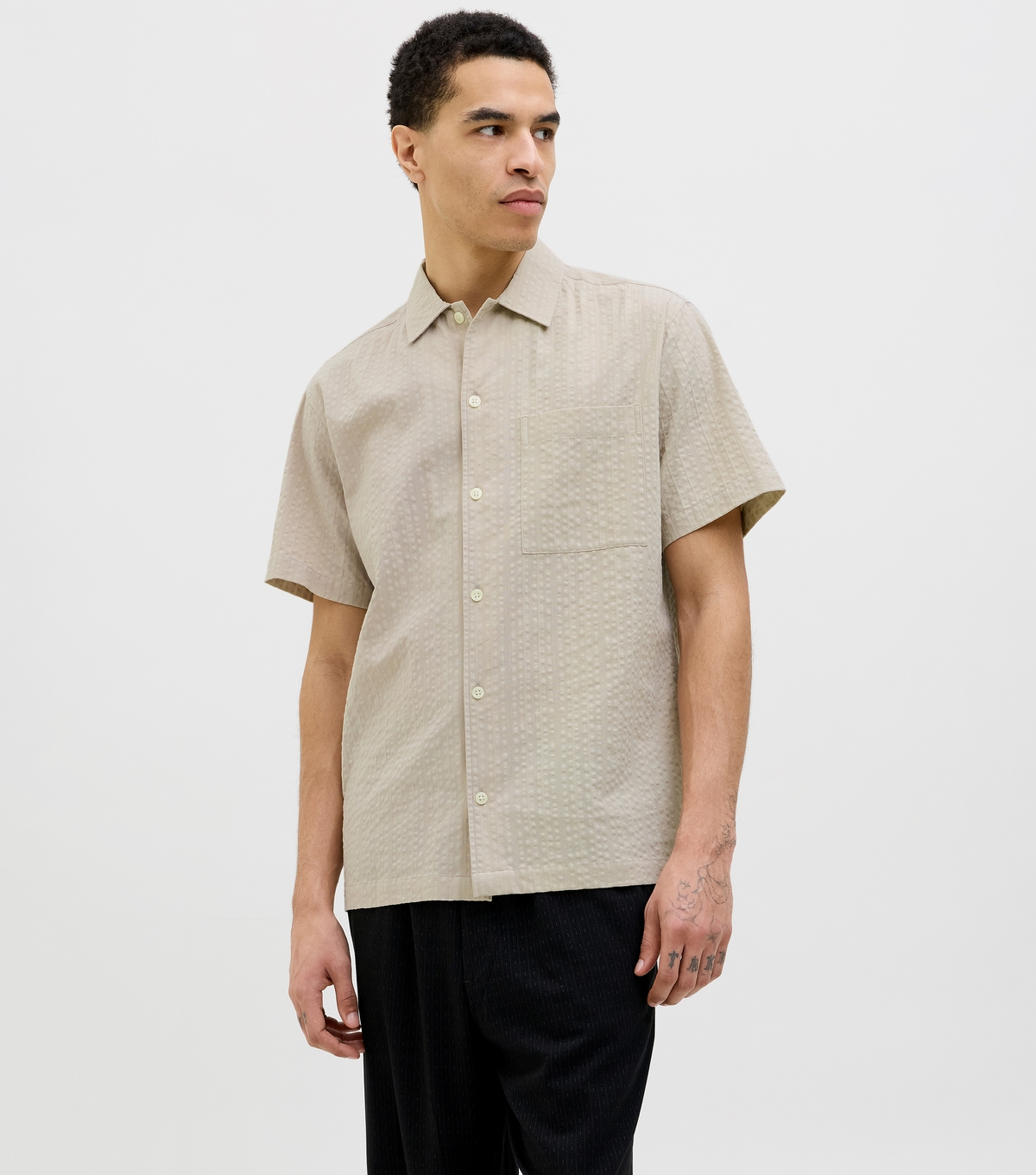 Men's Stone Regular Seersucker Short Sleeve Shirt Jack & Jones New Look
