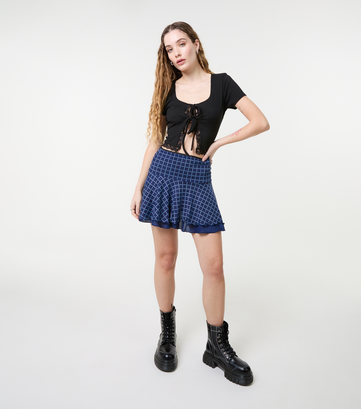 Women's Navy Check Ruffle Miniskirt Pink Vanilla New Look