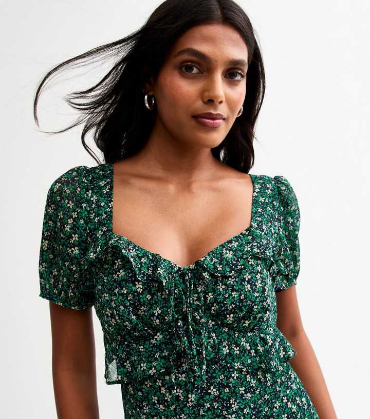 Green Floral Print Milkmaid Midi Dress | New Look