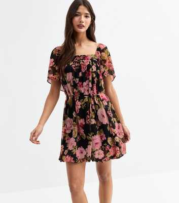 Black Chiffon Floral Print Puffball Skirt Mini Dress