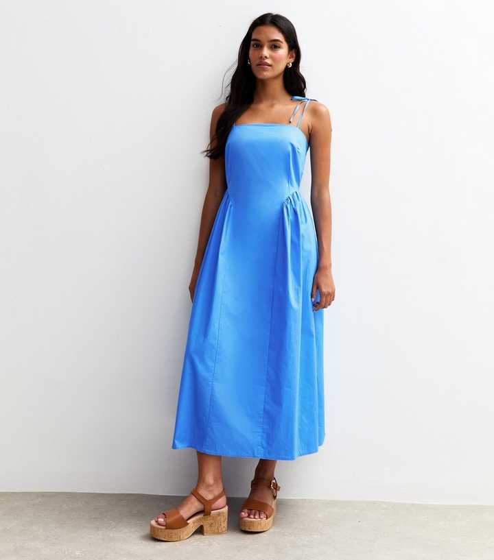 Bright Blue Poplin Tie Strap Midi Dress