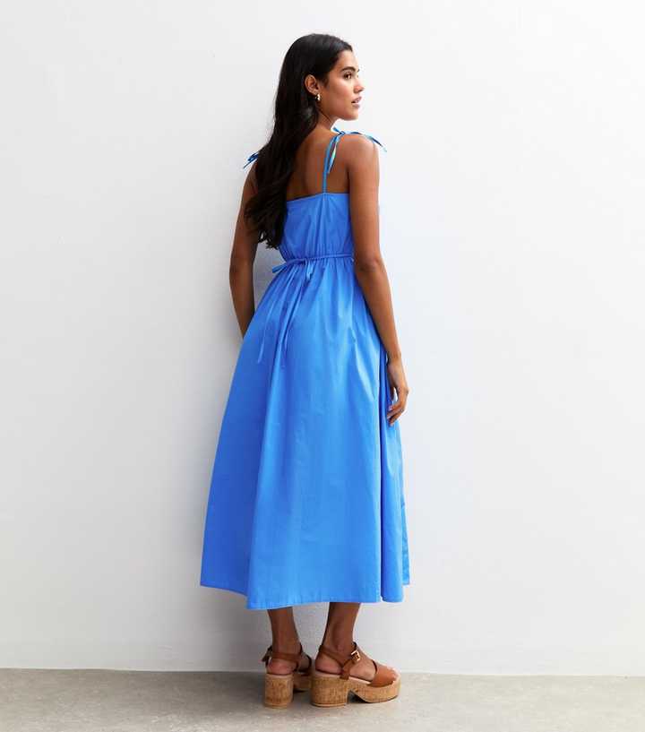 Bright Blue Poplin Tie Strap Midi Dress | New Look