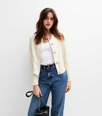 Cream Metallic Boucle Crew Neck Cardigan