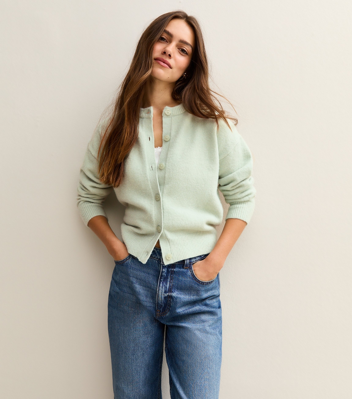 Women's Petite Mint Green Crew Neck Short Cardigan New Look