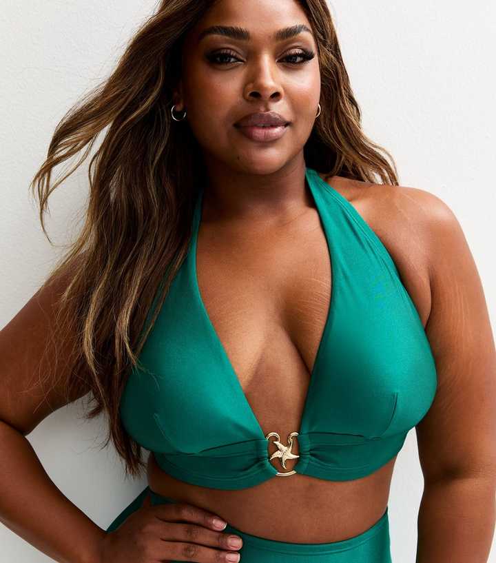 Curves Green Starfish Charm Halterneck Bikini Top